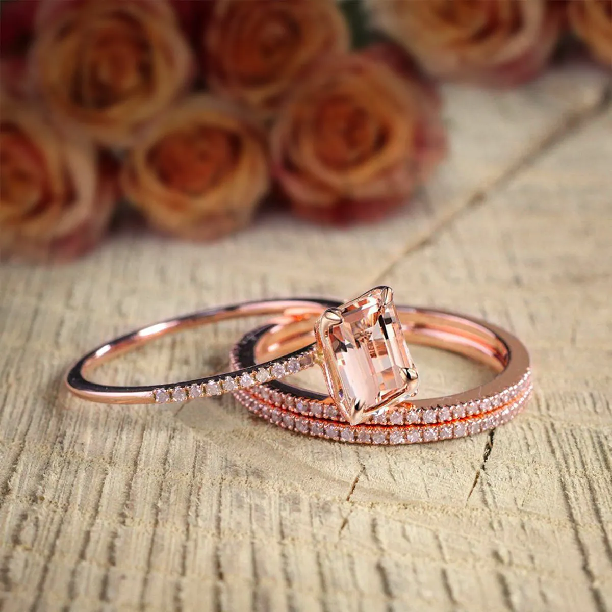 On Sale 2 Carat Emerald Cut Morganite And Diamond Moissanite 3 Rings Set 10k Rose Gold 1 Engagement Ring And 2 Wedding Bands