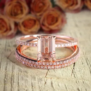 On Sale 2 Carat Emerald Cut Morganite And Diamond Moissanite 3 Rings Set 10k Rose Gold 1 Engagement Ring And 2 Wedding Bands