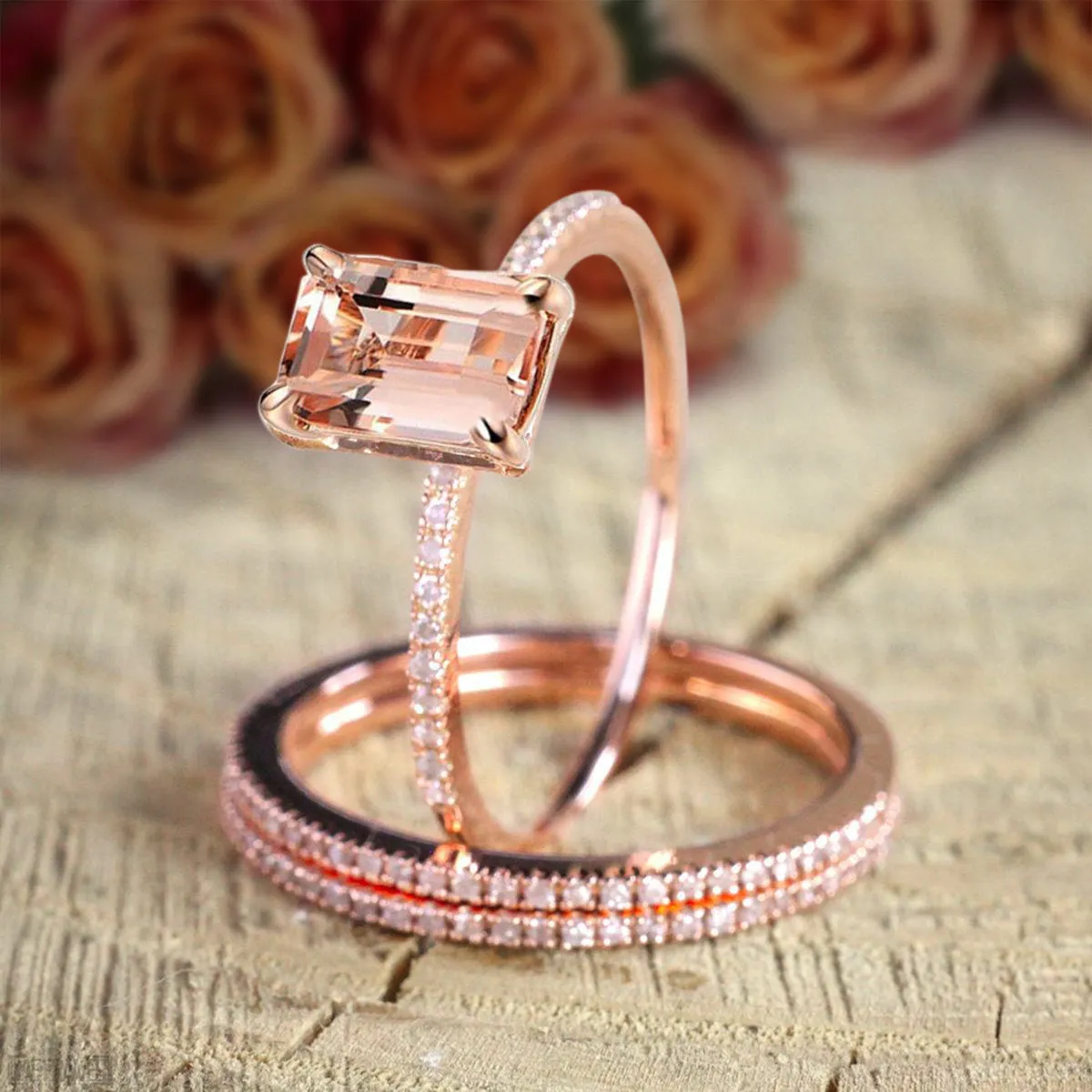 On Sale 2 Carat Emerald Cut Morganite And Diamond Moissanite 3 Rings Set 10k Rose Gold 1 Engagement Ring And 2 Wedding Bands