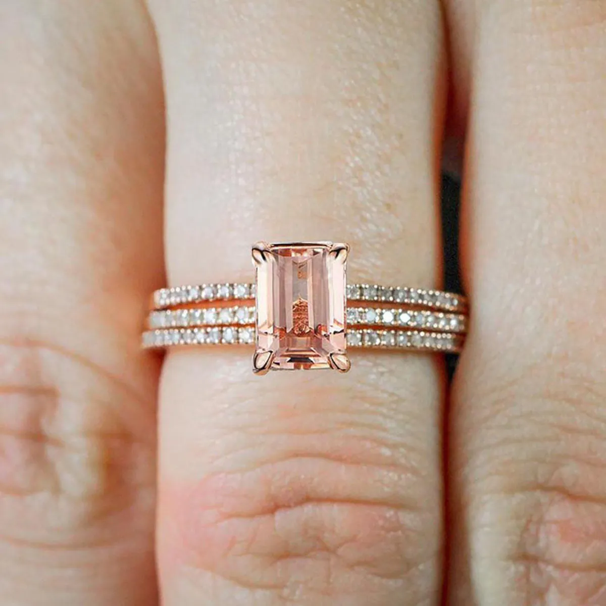 On Sale 2 Carat Emerald Cut Morganite And Diamond Moissanite 3 Rings Set 10k Rose Gold 1 Engagement Ring And 2 Wedding Bands