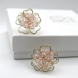 Oversized Pink Flower Stud Earrings, Wedding Bridal Fashion Large Earrings, Gold Wire Crystal Flower Studs