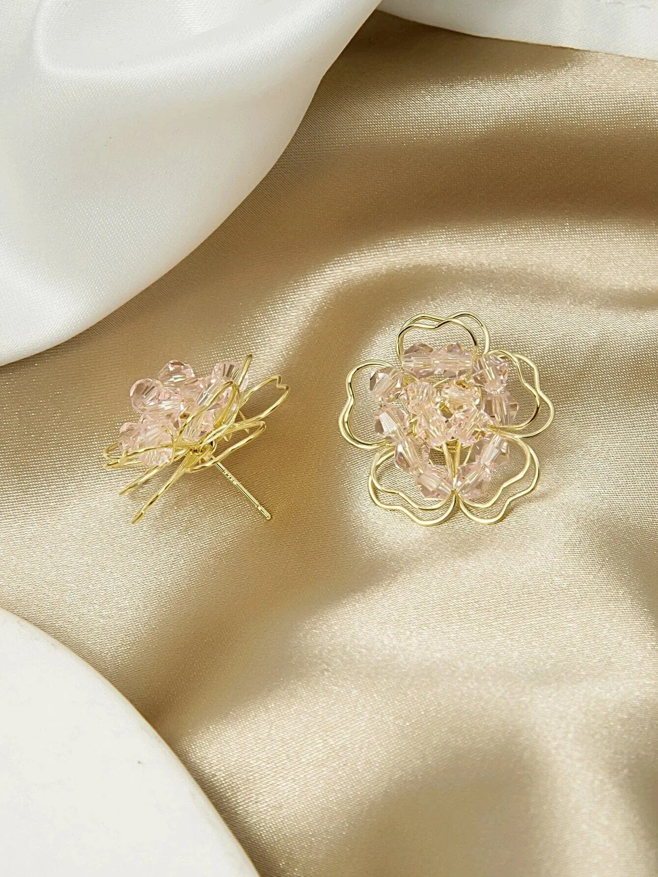 Oversized Pink Flower Stud Earrings, Wedding Bridal Fashion Large Earrings, Gold Wire Crystal Flower Studs