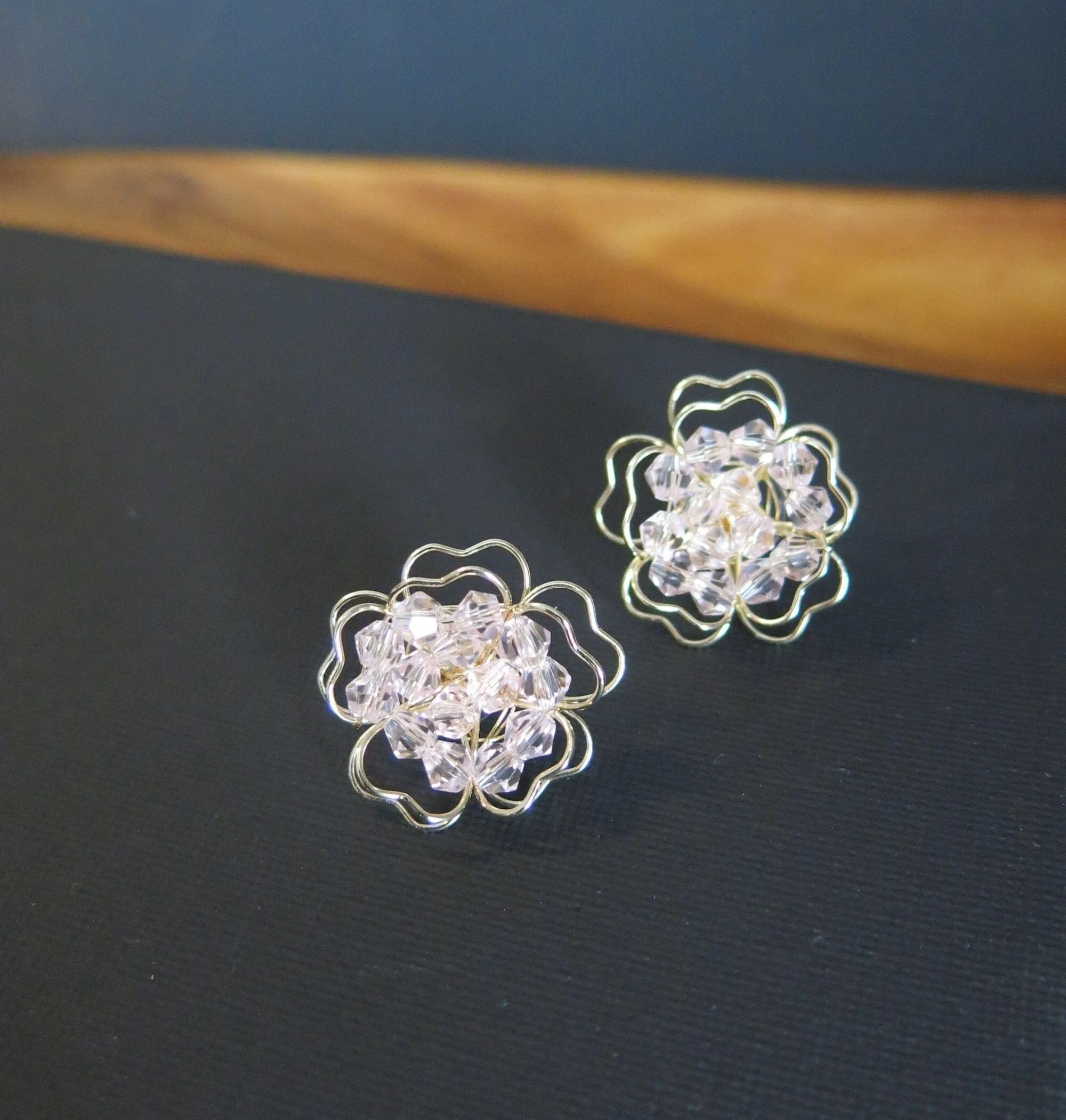 Oversized Pink Flower Stud Earrings, Wedding Bridal Fashion Large Earrings, Gold Wire Crystal Flower Studs