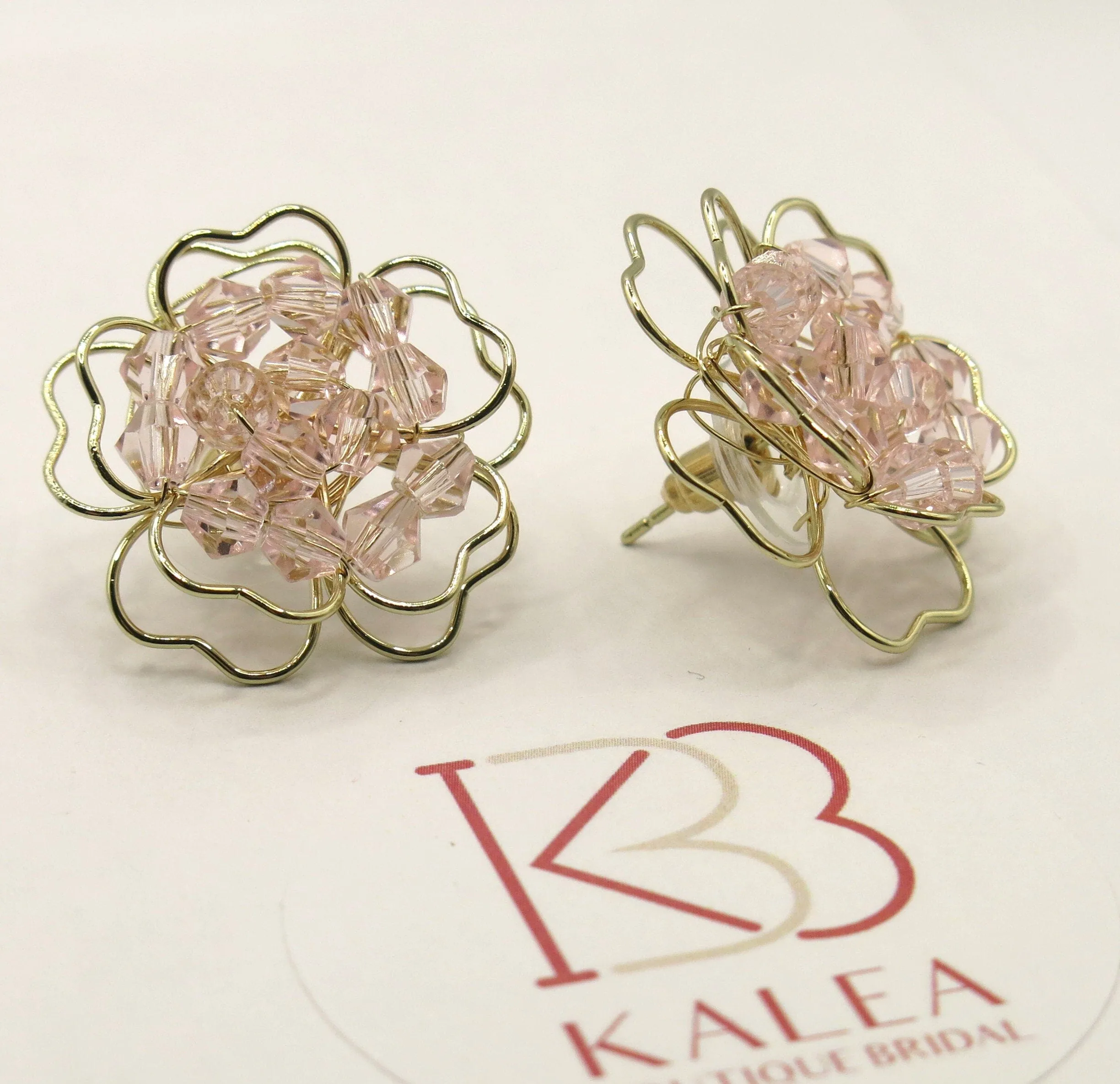 Oversized Pink Flower Stud Earrings, Wedding Bridal Fashion Large Earrings, Gold Wire Crystal Flower Studs