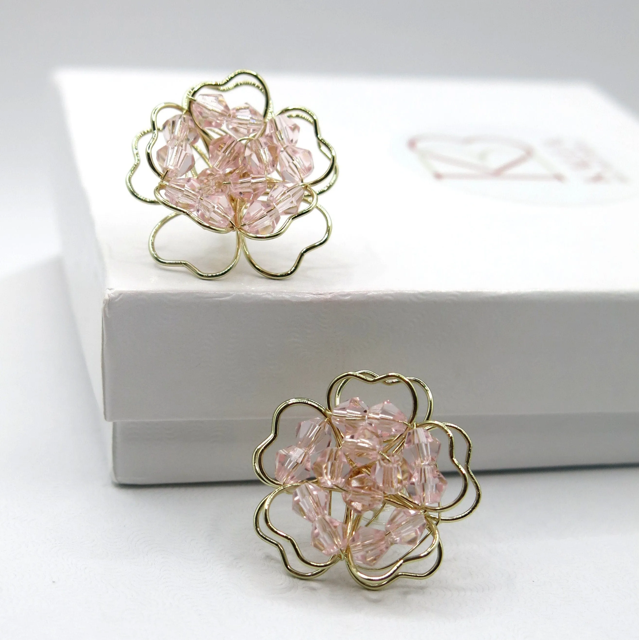 Oversized Pink Flower Stud Earrings, Wedding Bridal Fashion Large Earrings, Gold Wire Crystal Flower Studs