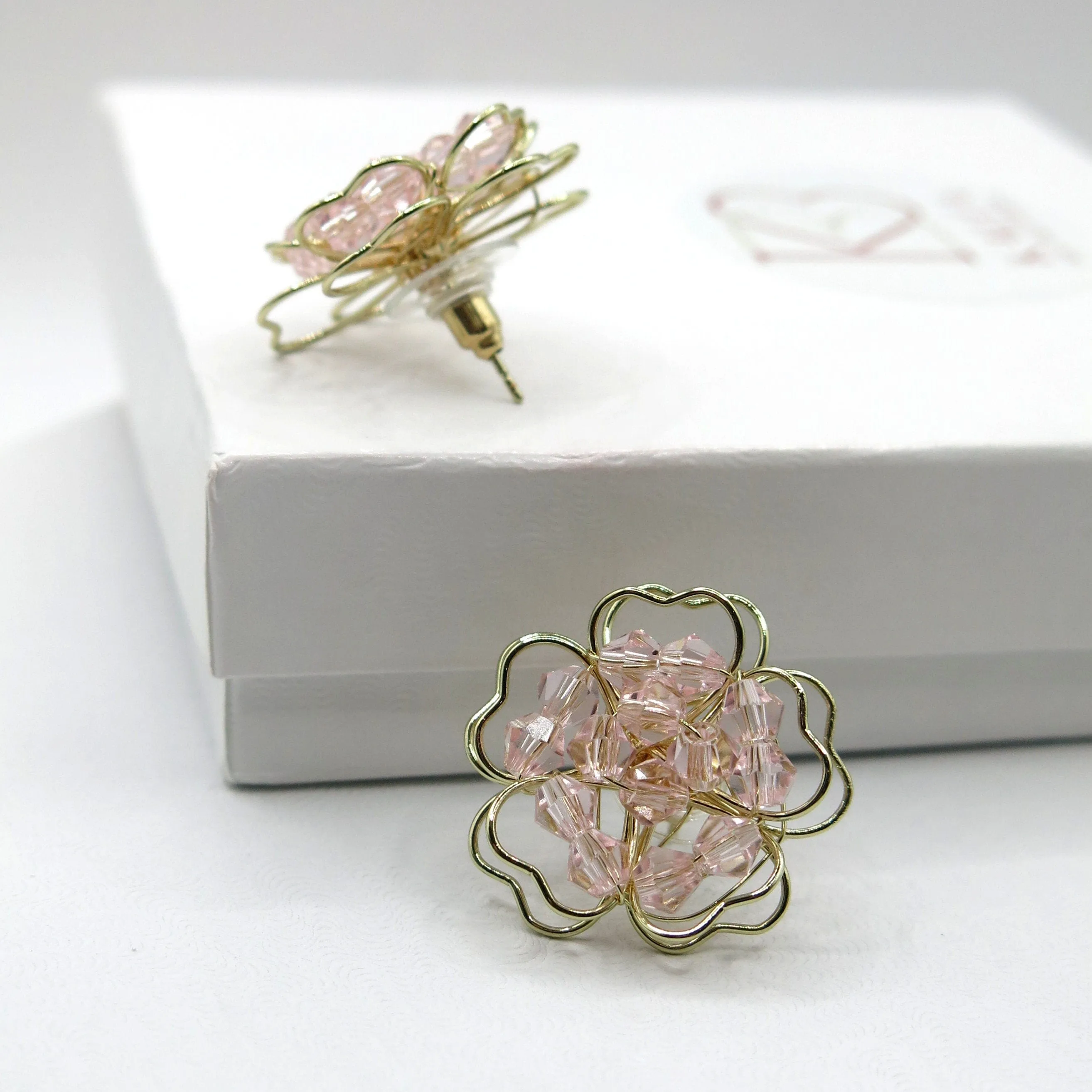 Oversized Pink Flower Stud Earrings, Wedding Bridal Fashion Large Earrings, Gold Wire Crystal Flower Studs