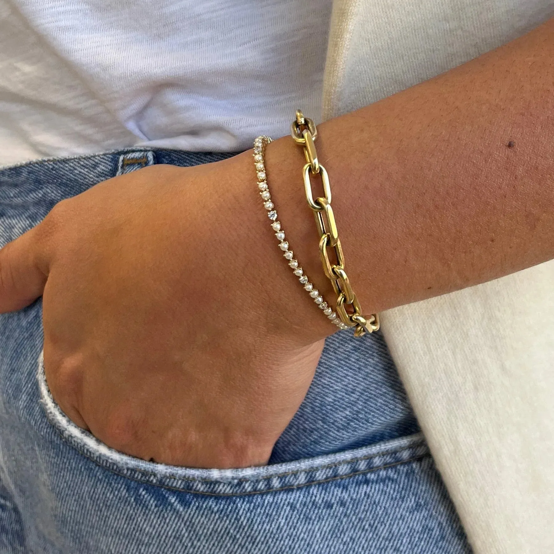 Pearl   Diamond Tennis Bracelet - Yellow Gold