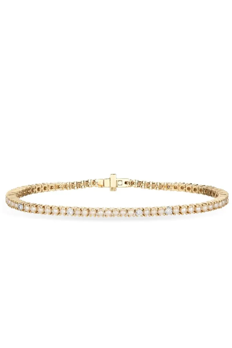 Pearl   Diamond Tennis Bracelet - Yellow Gold