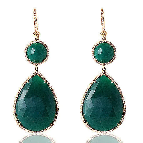 Pear/Round Green Agate Slice & Diamond Dangling Earrings in 14k Yellow Gold