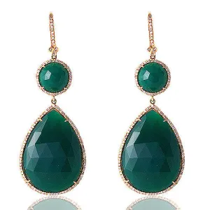 Pear/Round Green Agate Slice & Diamond Dangling Earrings in 14k Yellow Gold