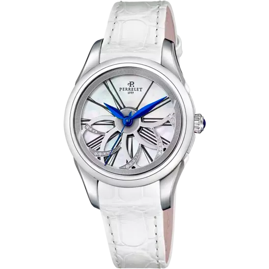 Perrelet Watch Diamond Flower White Dial -A2065/4 on Black Leather