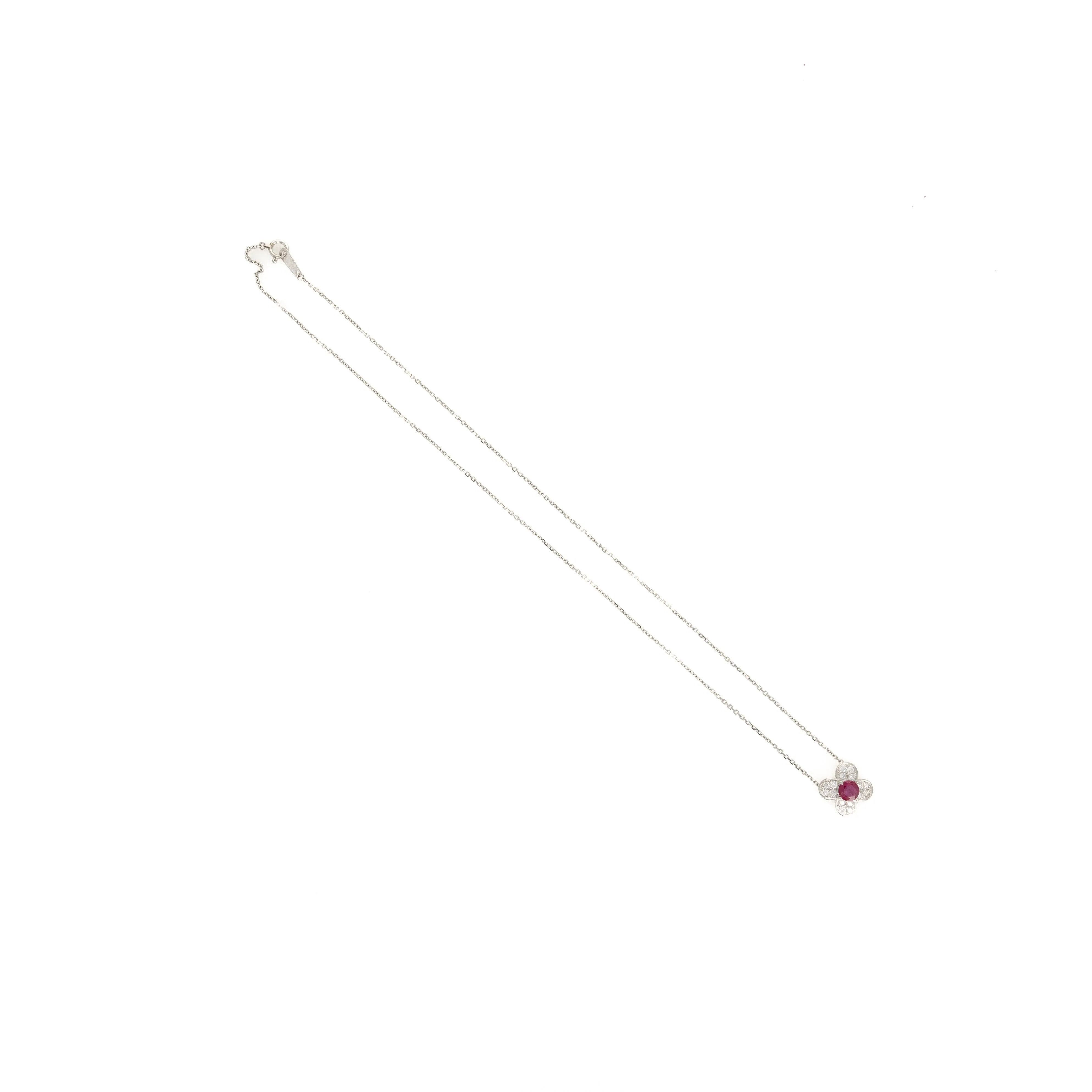 Platinum 0.33 Round Ruby Diamond Floral Clover Pendant Necklace