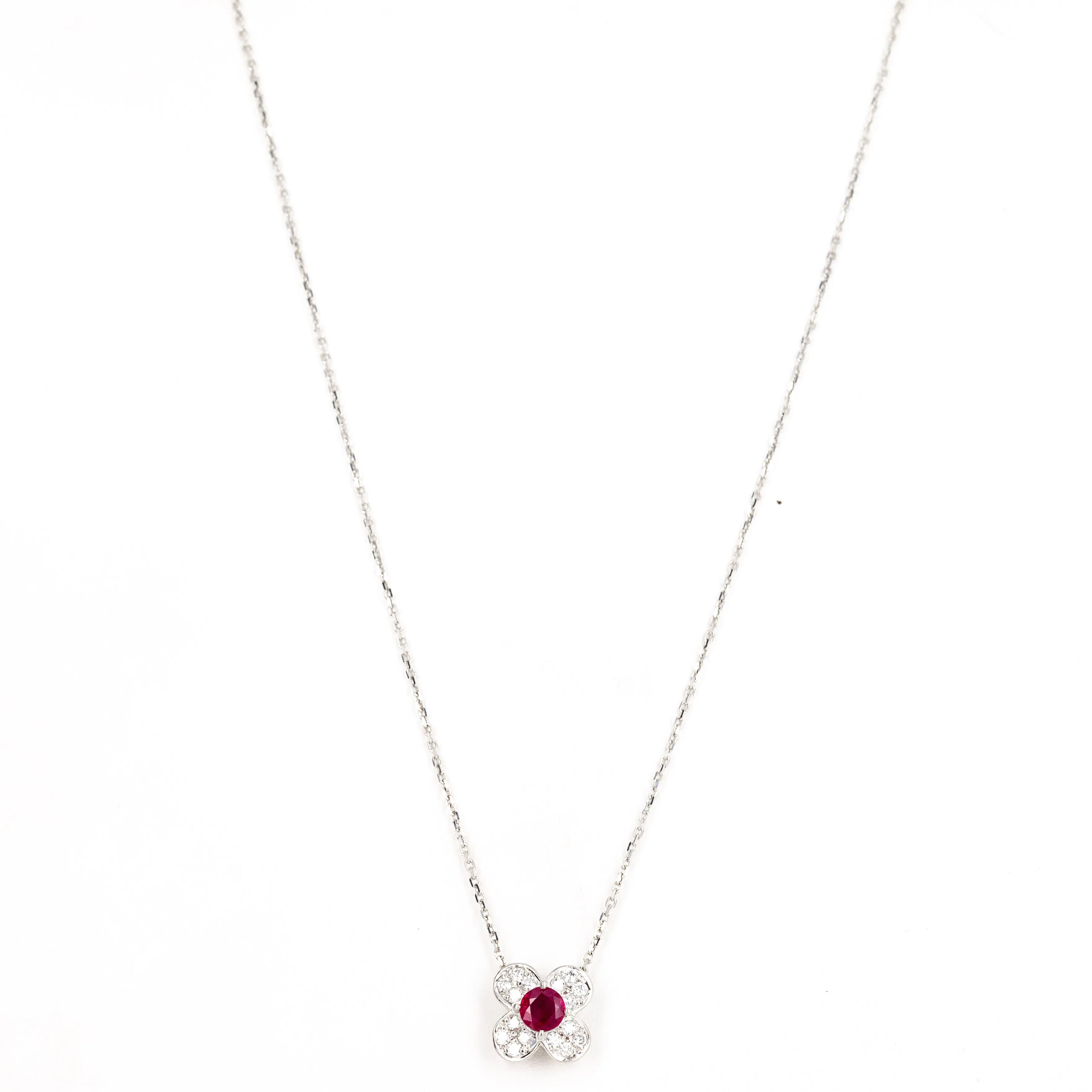 Platinum 0.33 Round Ruby Diamond Floral Clover Pendant Necklace