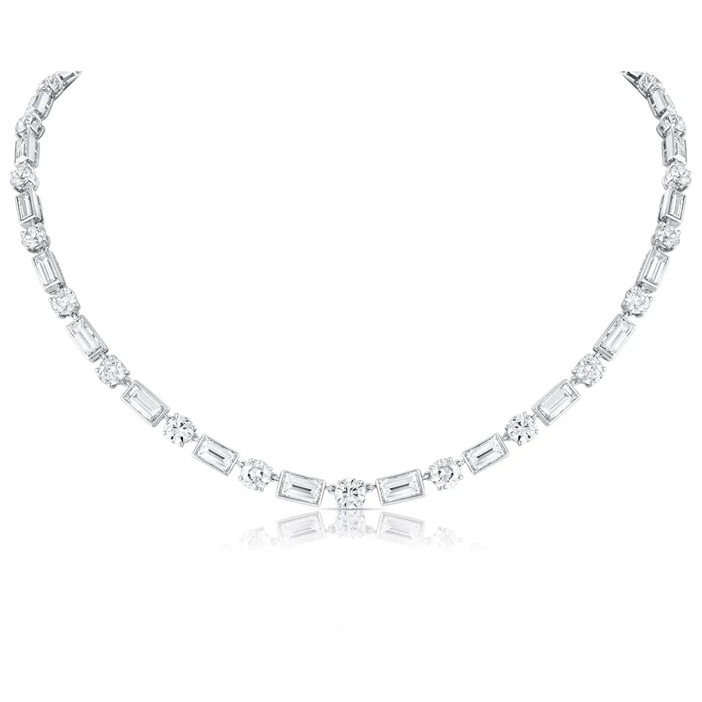 Platinum 15ctw Graduated Diamond Round and Emerald-Cut Necklace - Estate