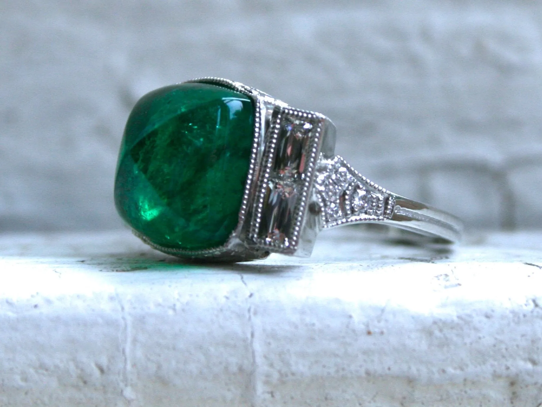 Platinum Art Deco Style Sugarloaf Emerald and Diamond Ring Engagement Ring Wedding Ring.