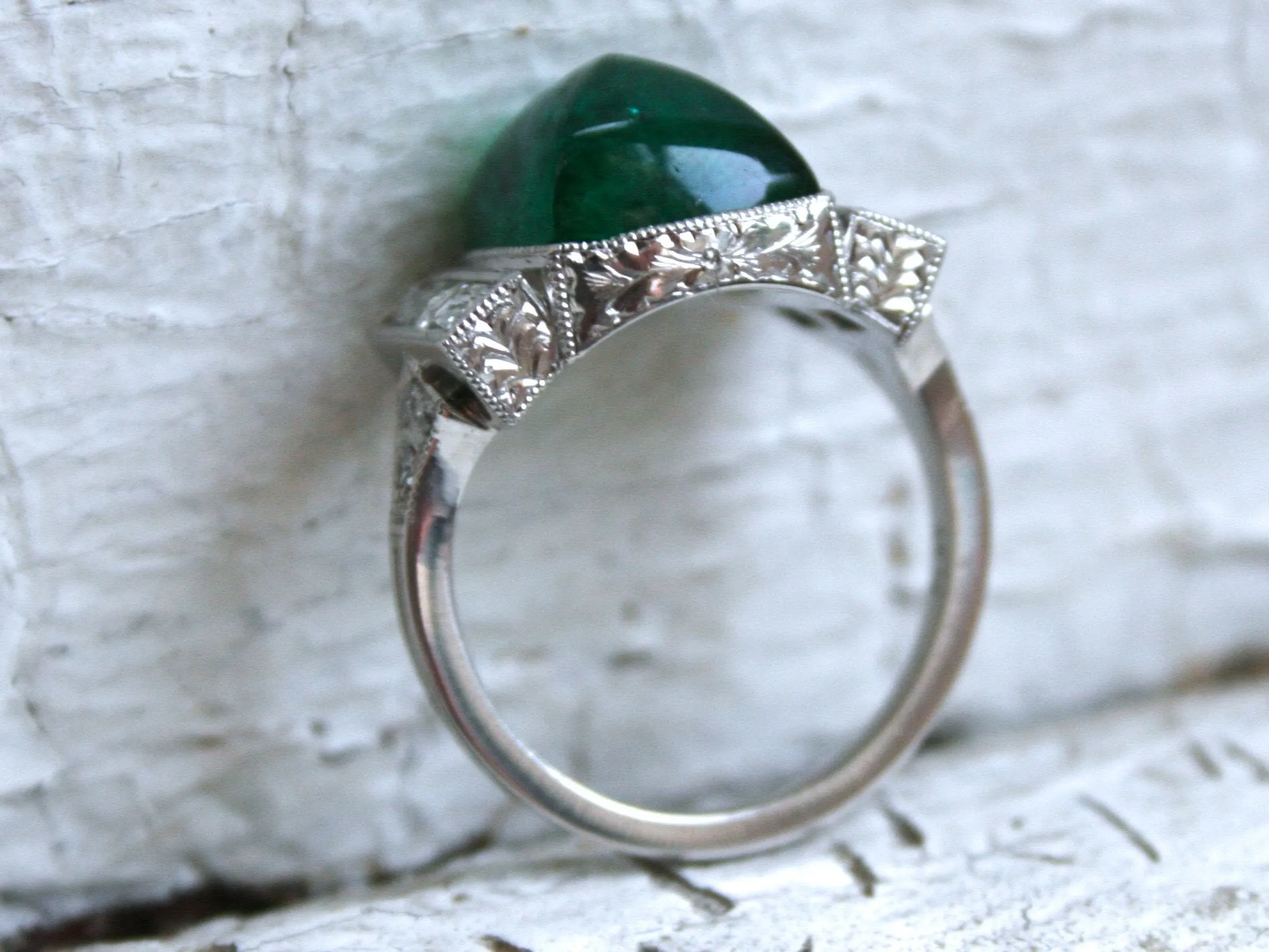 Platinum Art Deco Style Sugarloaf Emerald and Diamond Ring Engagement Ring Wedding Ring.