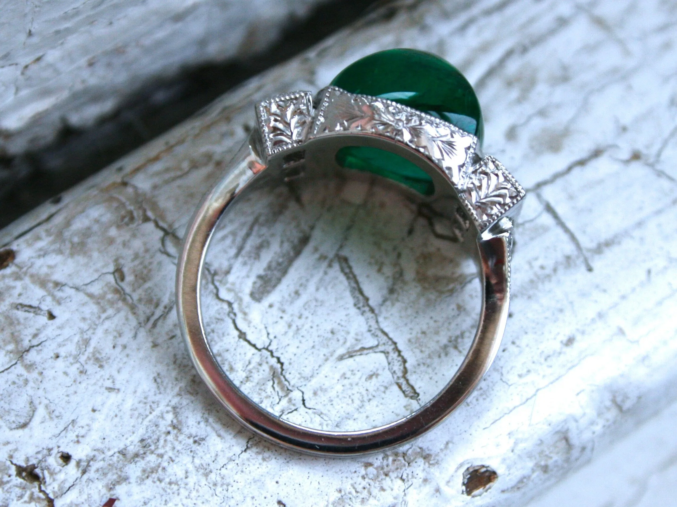 Platinum Art Deco Style Sugarloaf Emerald and Diamond Ring Engagement Ring Wedding Ring.