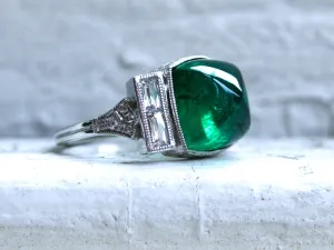 Platinum Art Deco Style Sugarloaf Emerald and Diamond Ring Engagement Ring Wedding Ring.