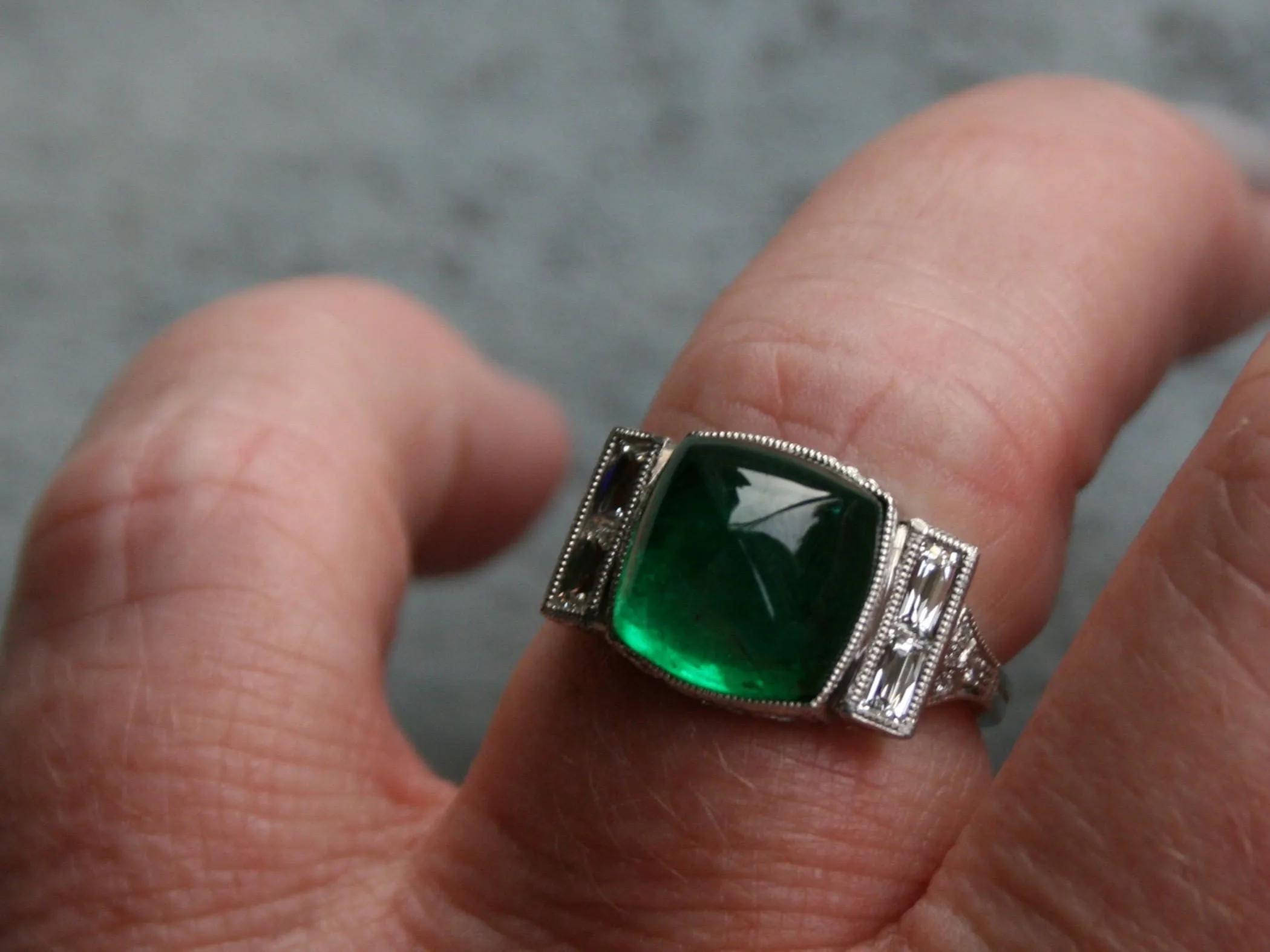 Platinum Art Deco Style Sugarloaf Emerald and Diamond Ring Engagement Ring Wedding Ring.