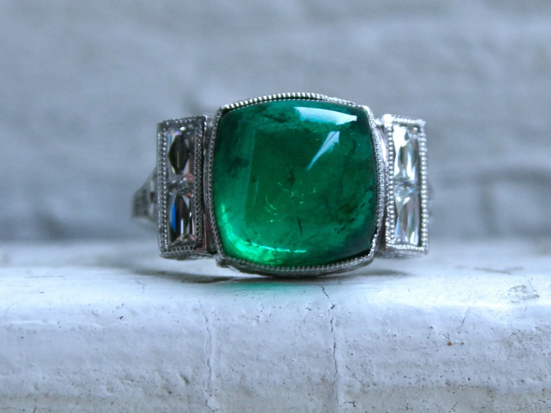 Platinum Art Deco Style Sugarloaf Emerald and Diamond Ring Engagement Ring Wedding Ring.