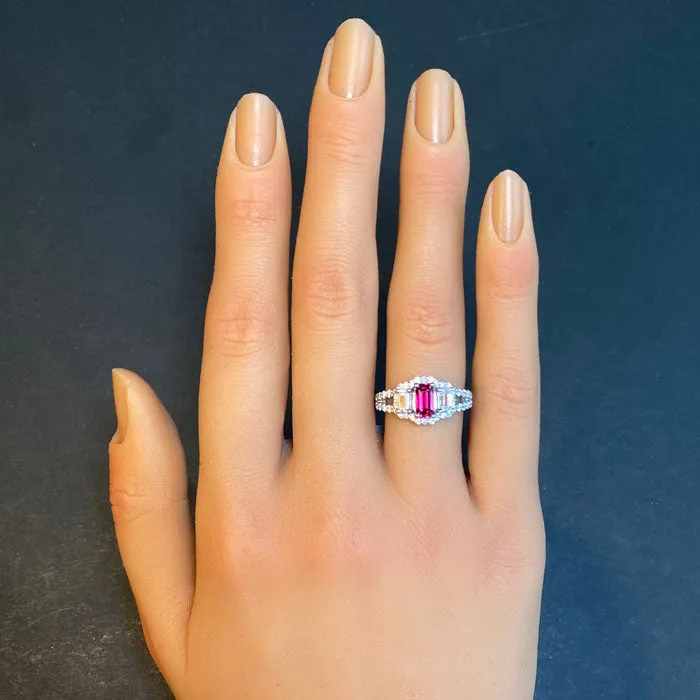 Platinum Emerald Cut Ruby and Diamond Ring .76 Carats