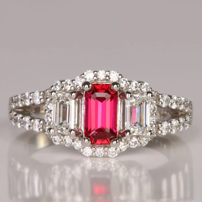 Platinum Emerald Cut Ruby and Diamond Ring .76 Carats
