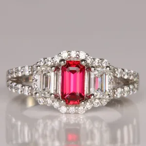Platinum Emerald Cut Ruby and Diamond Ring .76 Carats