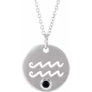 Platinum Natural Black Spinel Aquarius Zodiac 16-18" Necklace
