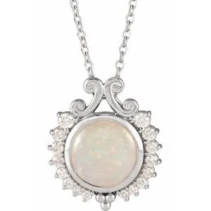 Platinum Natural White Opal & 1/6 CTW Natural Diamond   16-18" Necklace