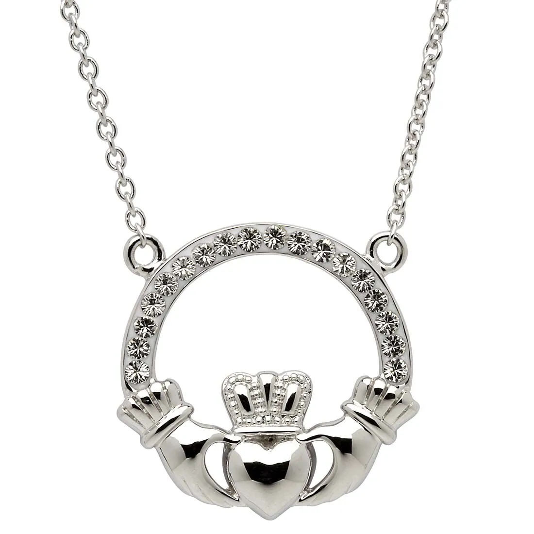 Platinum Plated Claddagh necklace With Clear Crystal