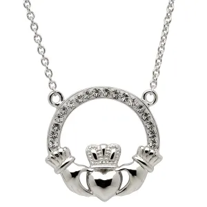 Platinum Plated Claddagh necklace With Clear Crystal