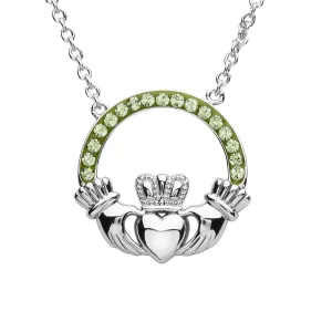 Platinum Plated Claddagh necklace With Peridot Crystals