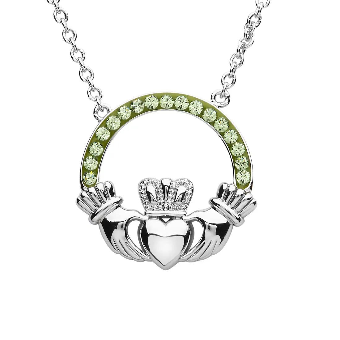 Platinum Plated Claddagh necklace With Peridot Crystals