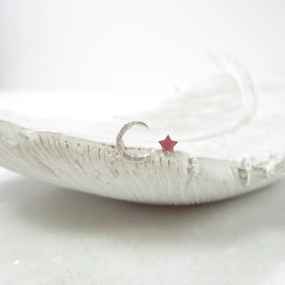Post Earring Miss Matched Crescent Gold Moon and Silver Star
