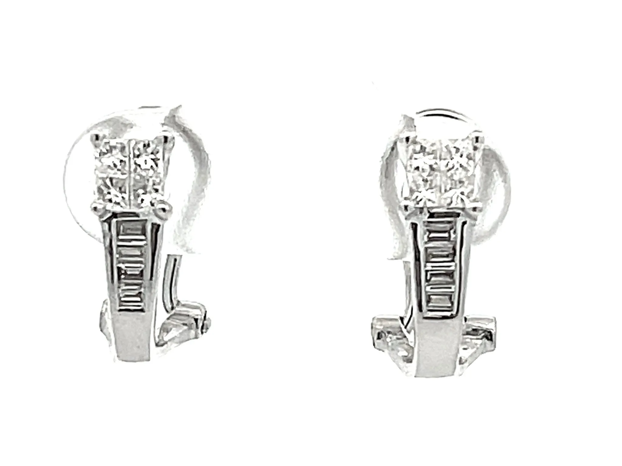 Princess Cut and Baguette Diamond Huggie Earrings in 18K White Gold 