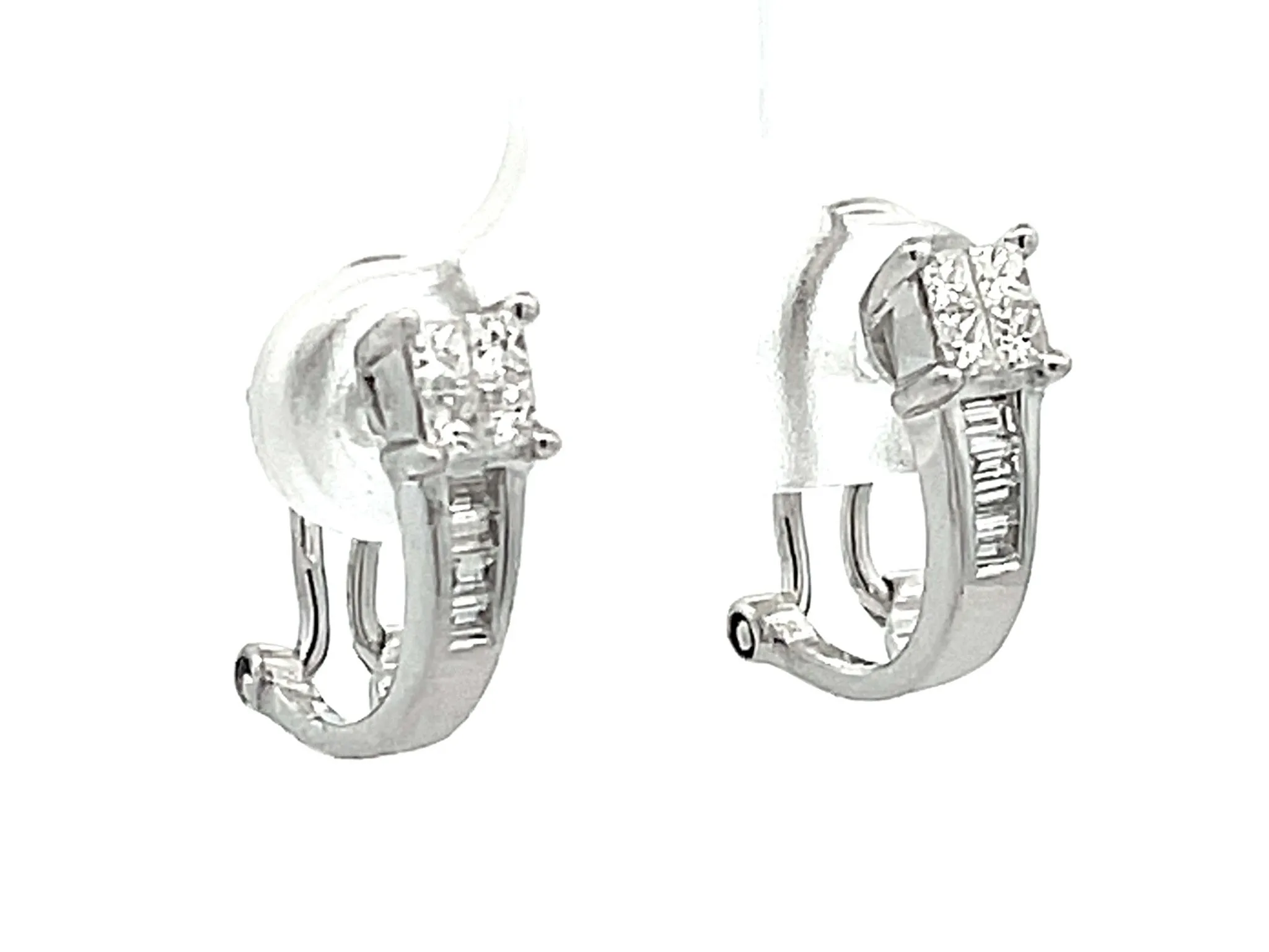 Princess Cut and Baguette Diamond Huggie Earrings in 18K White Gold 