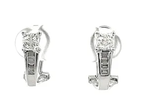 Princess Cut and Baguette Diamond Huggie Earrings in 18K White Gold 