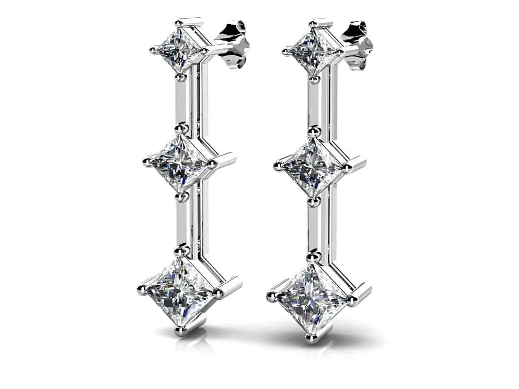 Princess Triple Diamond Earrings   with 1.04 ct.(finished) 2.4mm, 3mm, 3.5mm