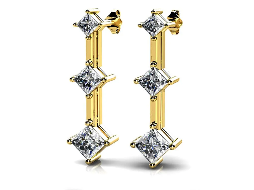 Princess Triple Diamond Earrings   with 1.04 ct.(finished) 2.4mm, 3mm, 3.5mm