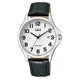 Q&Q Black Leather Strap White Dial Quartz Watch for Gents - A480J304Y