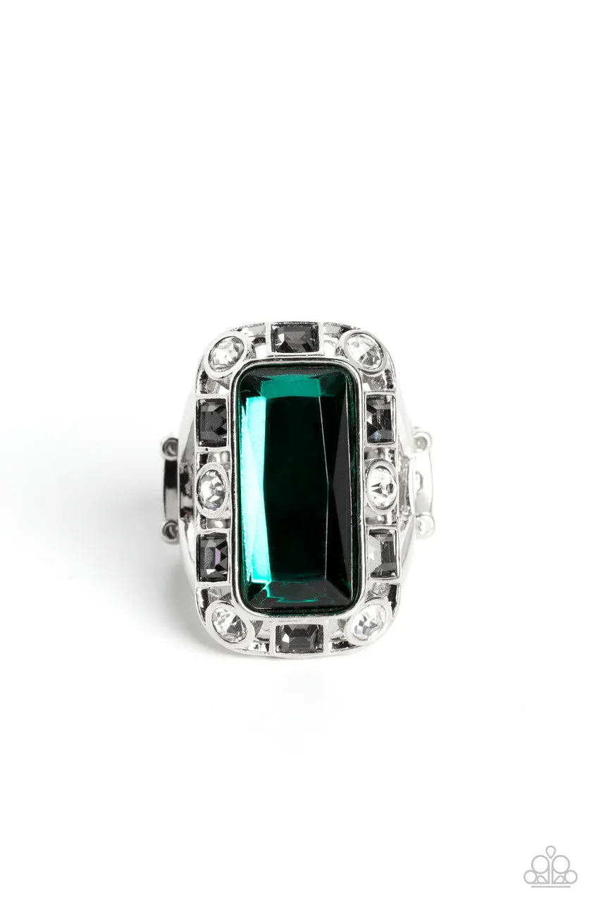 Radiant Rhinestones - Green - Oversized Emerald Cut Paparazzi Ring