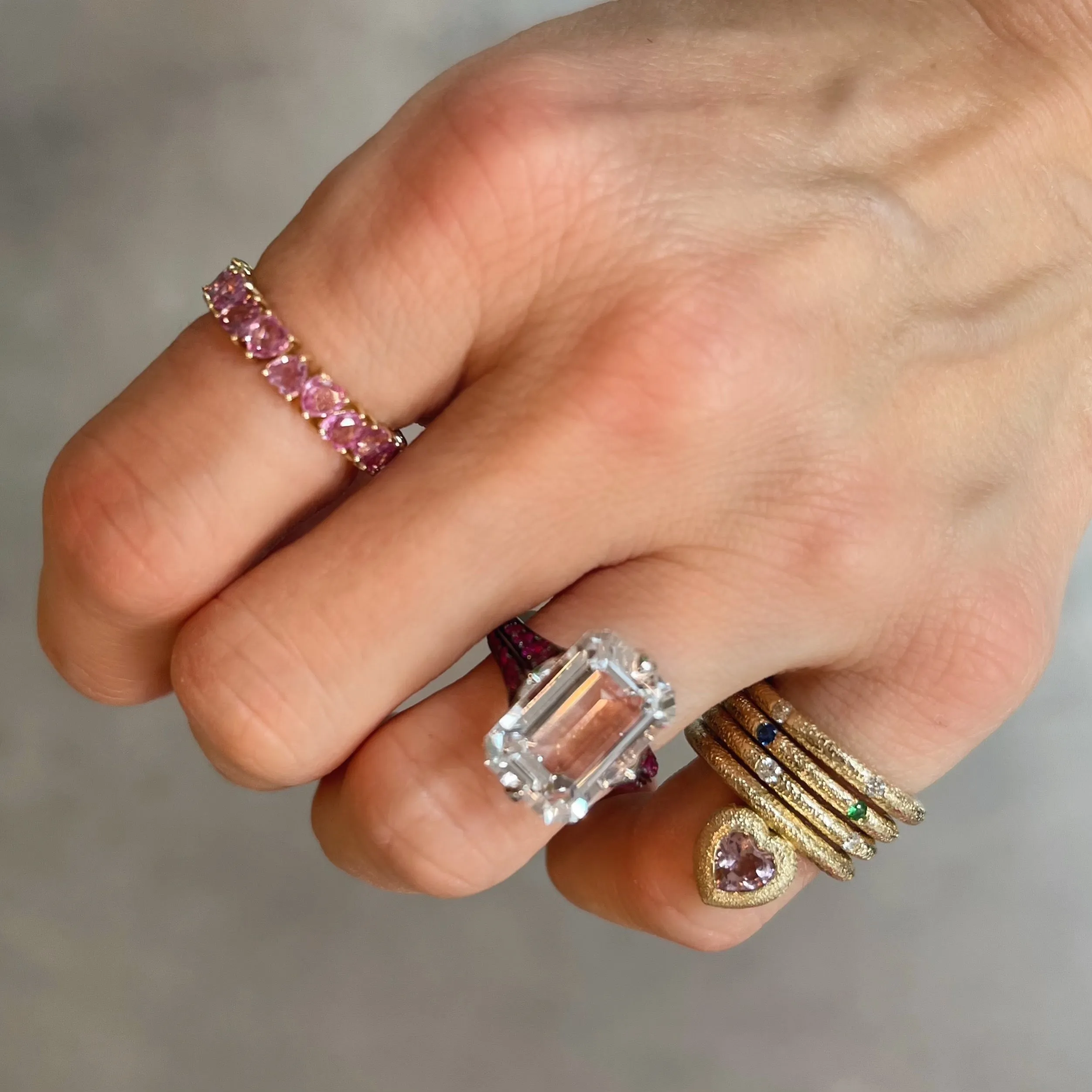 Rain Forest Emerald Cut Rock Crystal & Ruby Ring