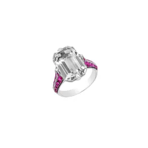 Rain Forest Emerald Cut Rock Crystal & Ruby Ring