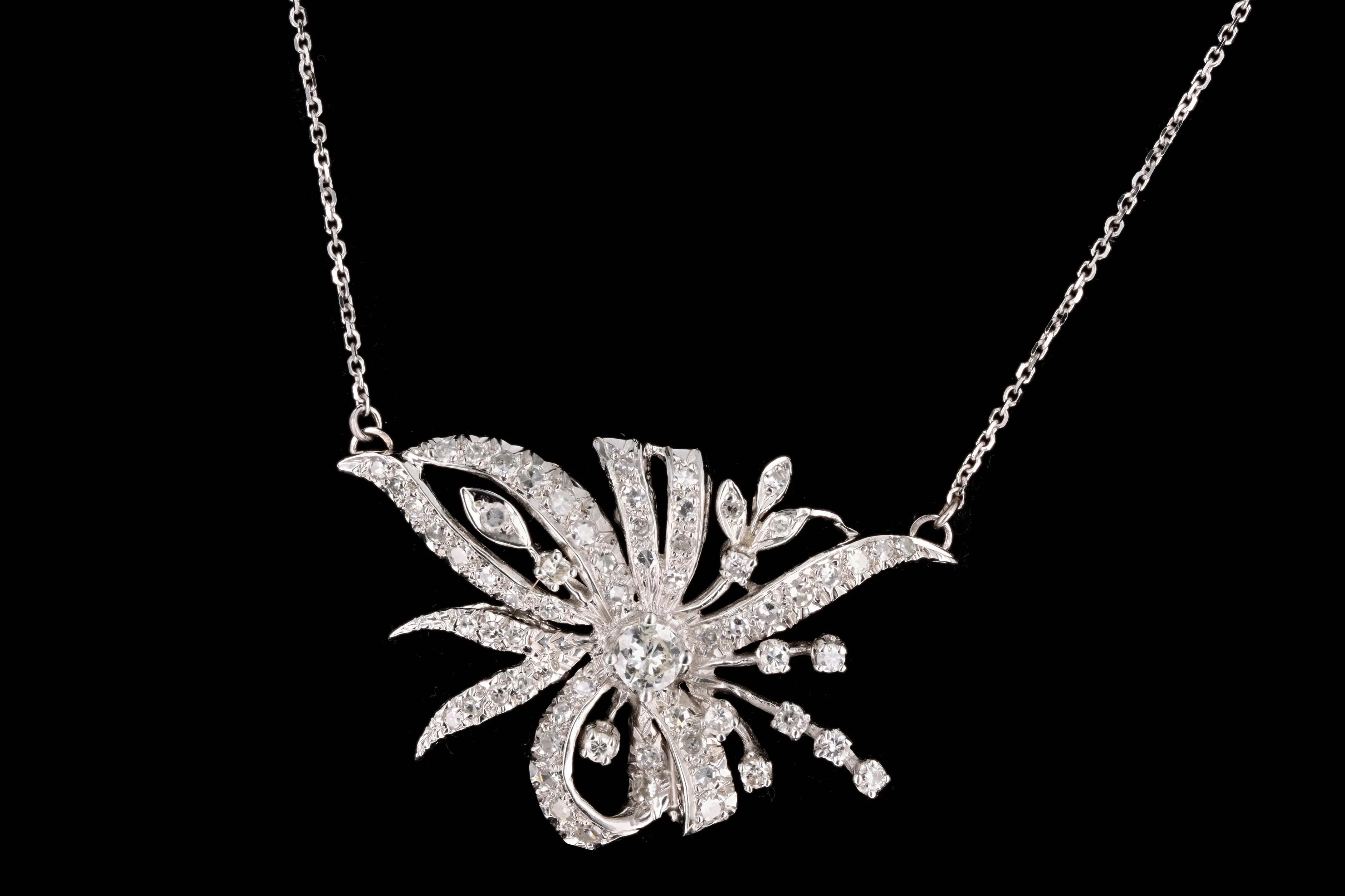 Retro Platinum 1 Carat Total Weight Diamond Brooch Conversion Pendant Necklace