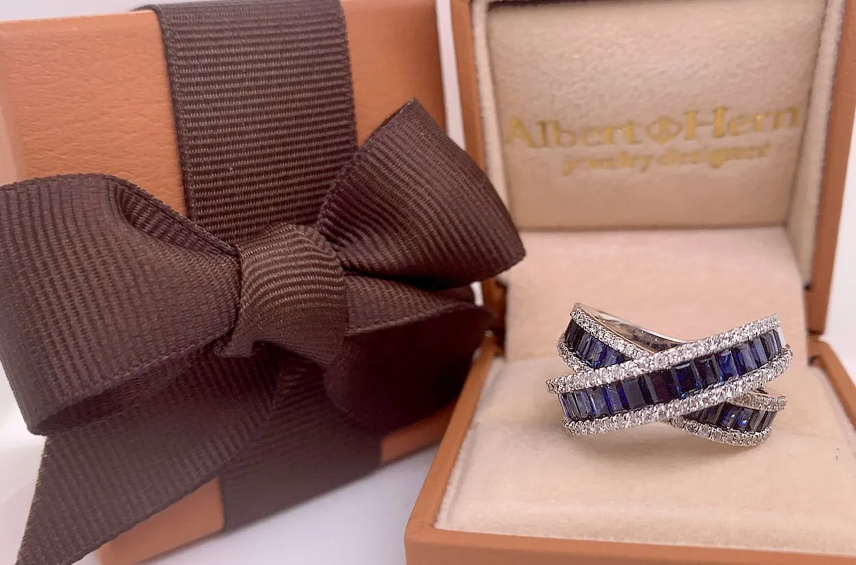 Ring 14kt White Gold Sapphires & Diamonds Criss Cross