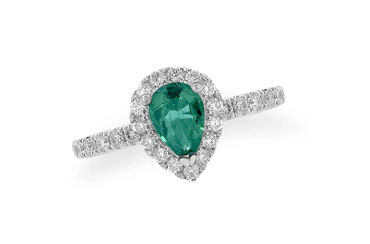 Ring 18kt Gold Pear Emerald & Diamonds Pave