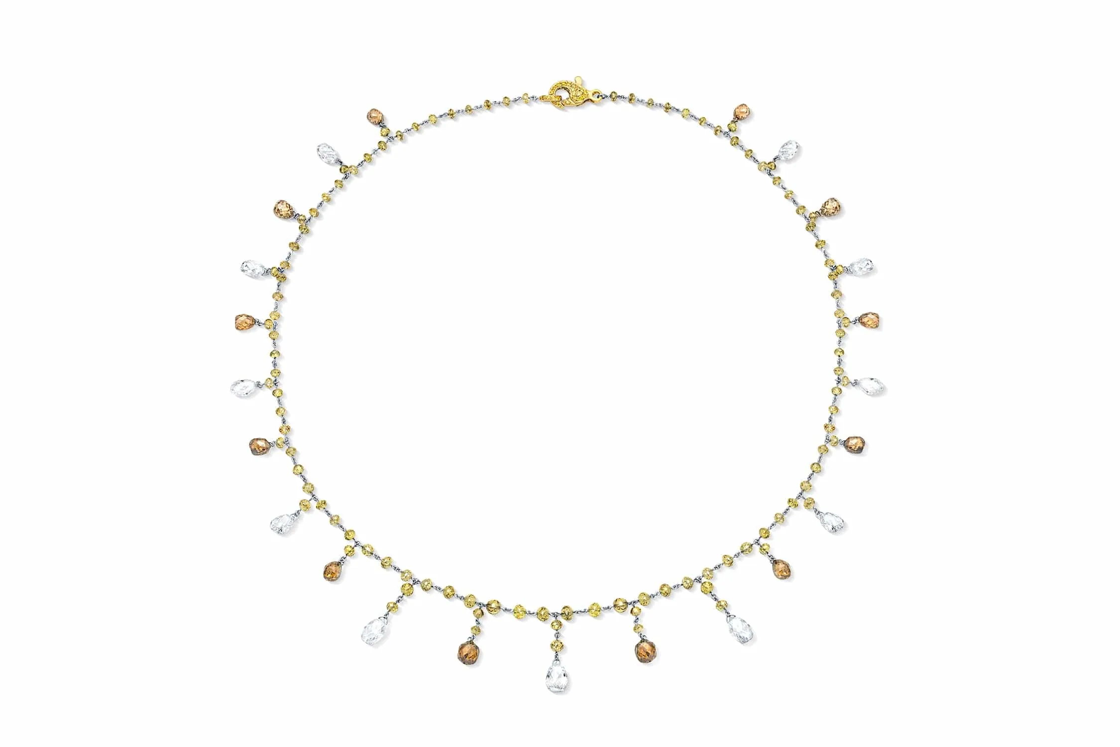 Rivière 18k Yellow Gold Platinum Briolette Multi-color Diamond Necklace