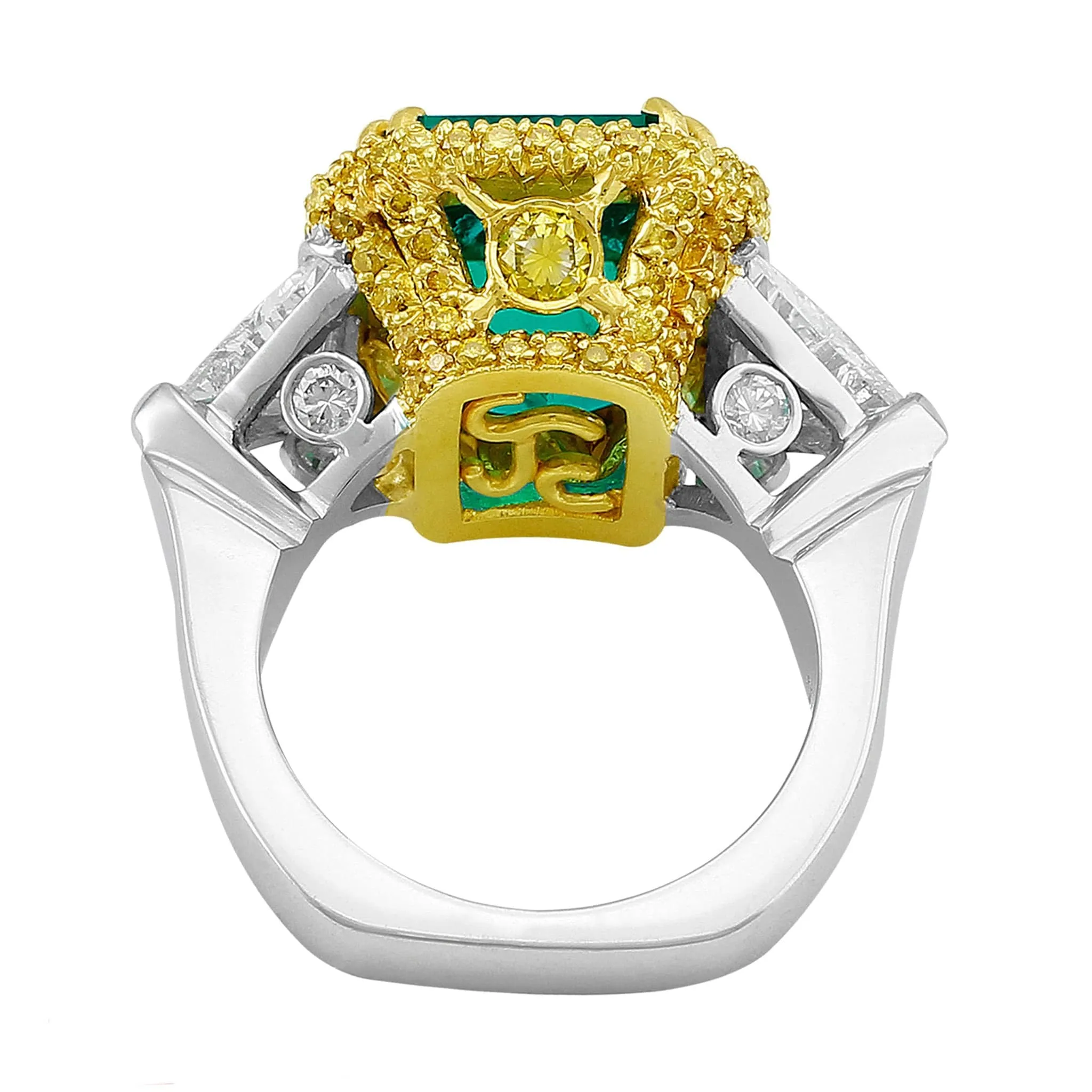 Rivière Platinum Yellow Gold 6.85ct Emerald and Diamond Ring