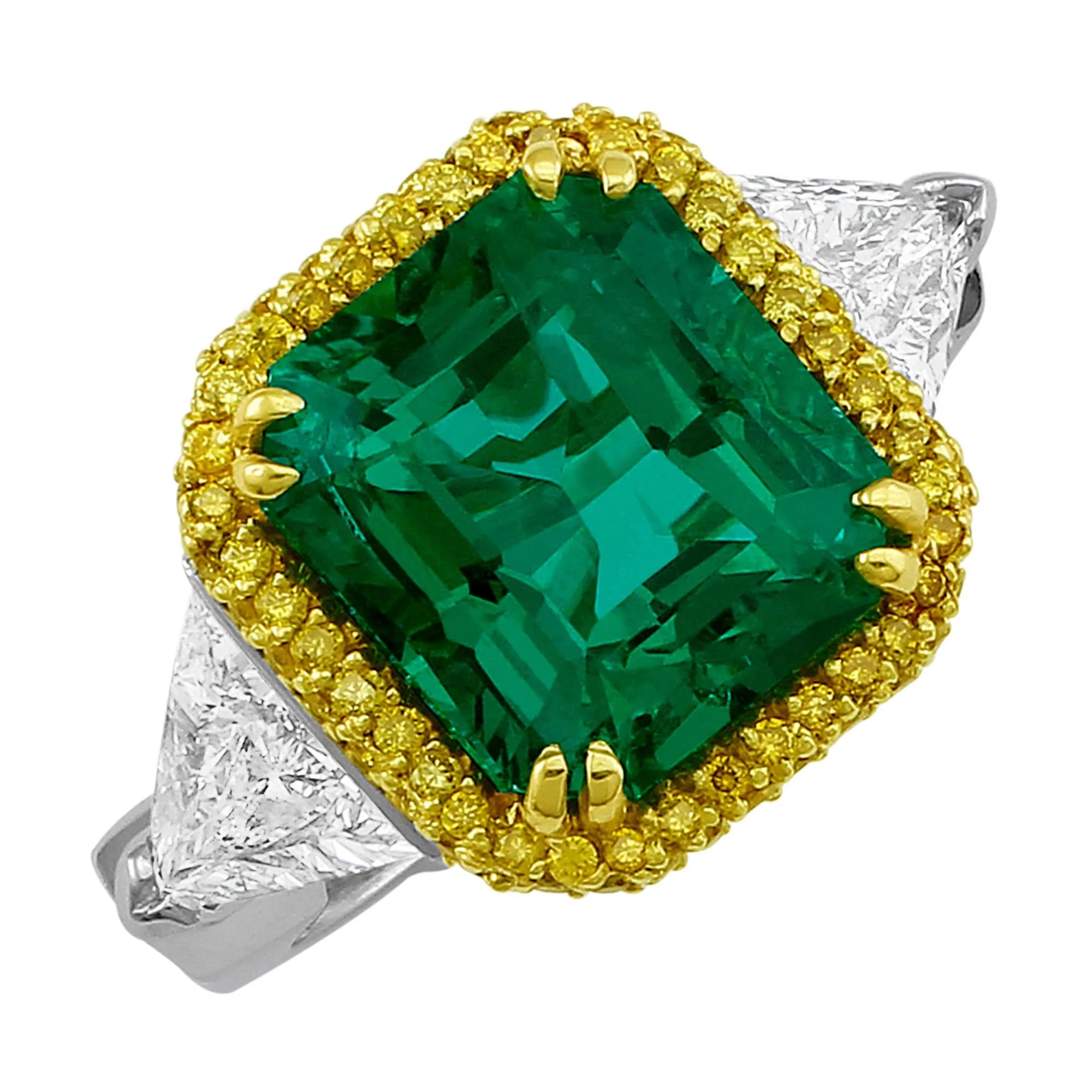 Rivière Platinum Yellow Gold 6.85ct Emerald and Diamond Ring