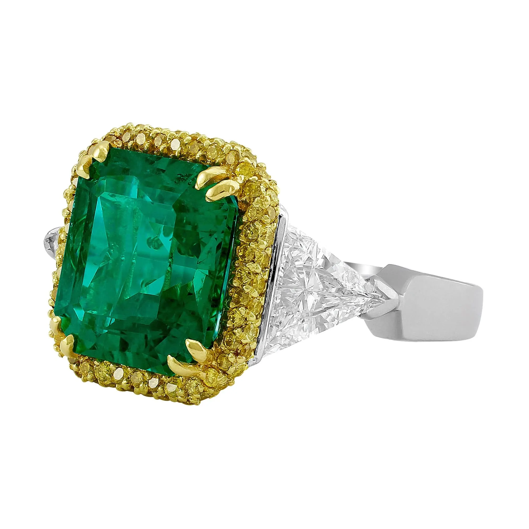 Rivière Platinum Yellow Gold 6.85ct Emerald and Diamond Ring